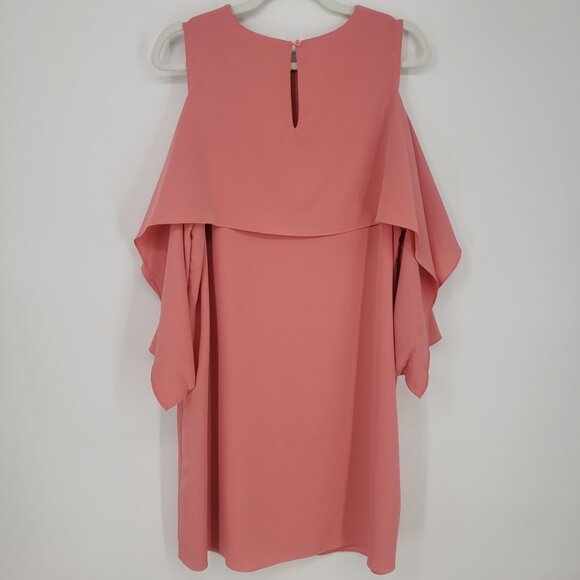 3/$25 Madison Cold Shoulder Shift Dress 2X Draped Cape Tiered Coral Orange - Picture 2 of 12